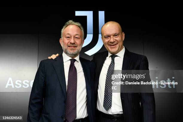 Gianluca Ferrero and Maurizio Scanavino during a press conference after the Juventus Shareholders' Meeting at Allianz Stadium on January 18, 2023 in...