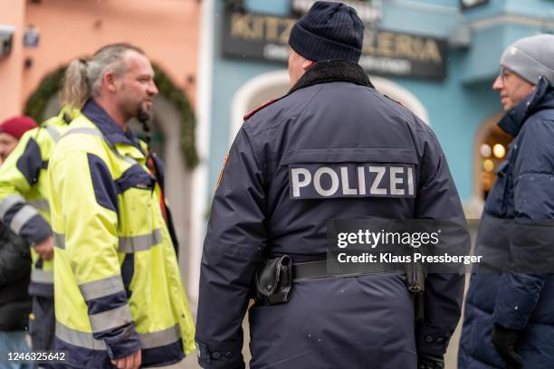Police during the Audi FIS Alpine Ski World Cup - Men's Downhill Training on January 18, 2023 in Kitzbuehel, Austria.