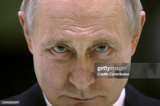 Russian President Vladimir Putin speaks as he meets with workers at the Obukhov State Plant, January 18, 2023 in Saint Petersburg, Russia.