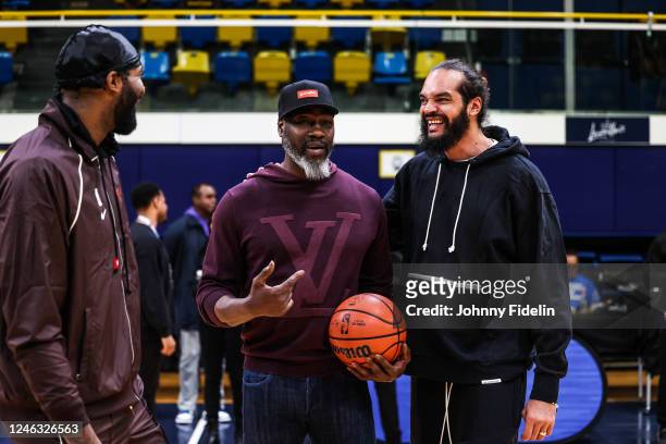 Andre DRUMMOND of Chicago Bulls, Ben WALLACE, former player and Joakim NOAH during the NBA Cares - NBA Paris Game 2023 at Salle Marcel Cerdan on...