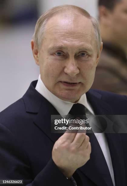 Russian President Vladimir Putin gestures during his meeting with workers at the Obukhov State Plant on January 2023, in Saint Petersburg, Russia....