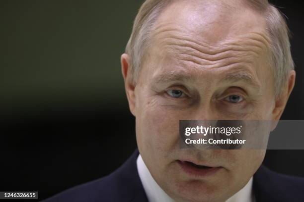 Russian President Vladimir Putin speaks during his meeting with workers at the Obukhov State Plant on January 2023, in Saint Petersburg, Russia....