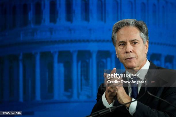 Secretary of State Antony Blinken speaks during the United States Conference of Mayors 91st Winter Meeting January 18, 2023 in Washington, DC. The...