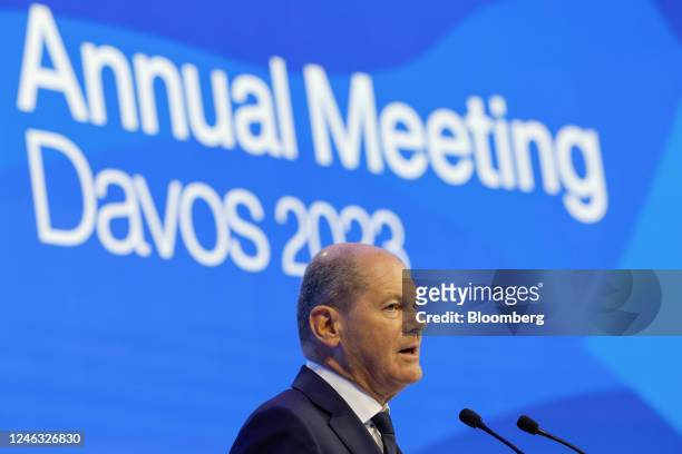 Olaf Scholz, Germany's chancellor, delivers a special address during a panel session on day two of the World Economic Forum in Davos, Switzerland, on...