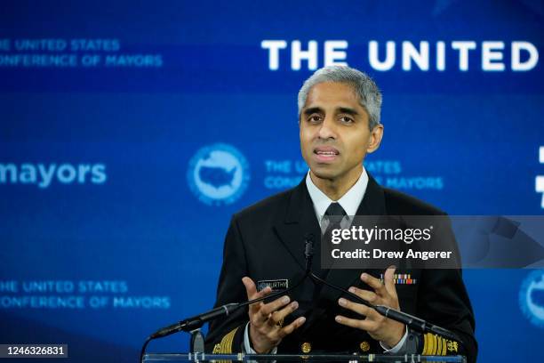 Surgeon General Vivek Murthy speaks during the United States Conference of Mayors 91st Winter Meeting January 18, 2023 in Washington, DC. The United...