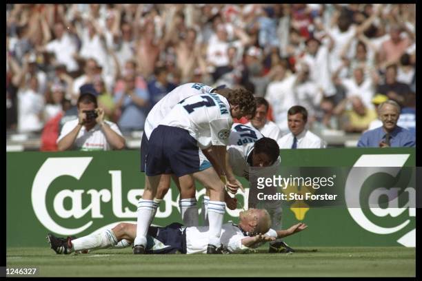 Paul Gascoigne of England celebrates scoring England's second goal in the England v Scotland match in Group A of the European Football Championships...