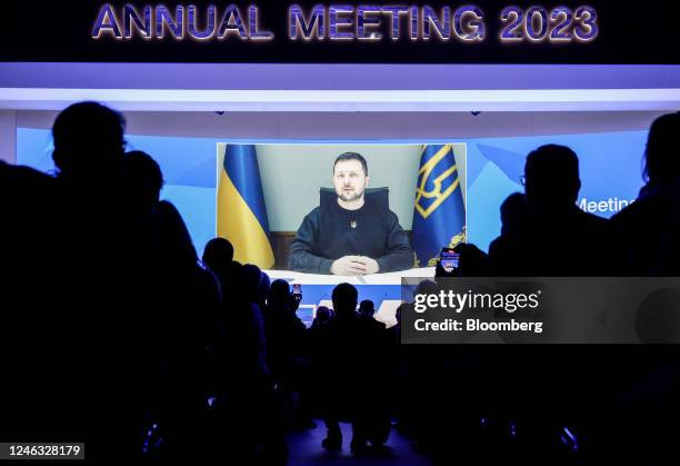 Volodymyr Zelenskiy, Ukraine's president, speaks via video link on day two of the World Economic Forum in Davos, Switzerland, on Wednesday, Jan. 18,...