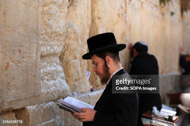 An Ultra-Orthodox Jewish devotee prays in front of the Western Wall in Jerusalem.
