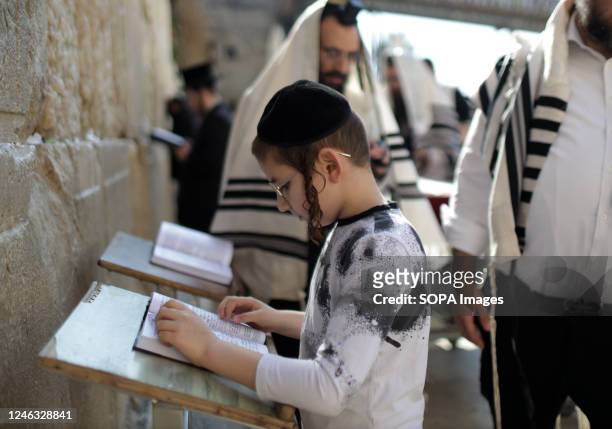 Young Ultra-Orthodox Jewish devotee prays in front of the Western Wall in Jerusalem.