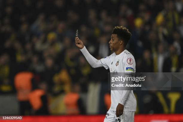 Fernandes of Besiktas holds a piece of plastic thrown into the pitch during the Ziraat Turkish Cup round 16 match between MKE Ankaragucu and Besiktas...