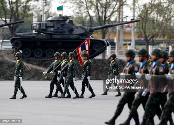 Members of the Thai army take part in the ceremony. Thailand's Royal Army Chief General Narongpan Jitkaewthae inspected a parade during The Ceremony...