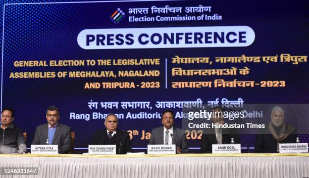 Chief Election Commissioner of India Rajiv Kumar, Election commissioner Anup Chandra Pandey, Arun Goel and others address a Press conference to...
