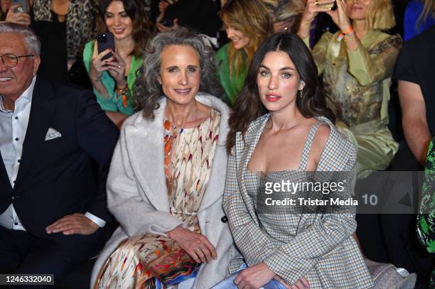 Andie MacDowell and her daughter Rainey Qualley attend the the Marc Cain Fashion Show Fall/Winter 2023 during the Berlin Fashion Week AW23 at...