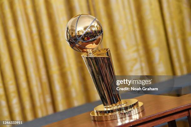 Photo of the Larry OBrien Trophy during the Golden State Warriors White House Visit on January 17, 2023 at the White House in Washington, DC. NOTE TO...