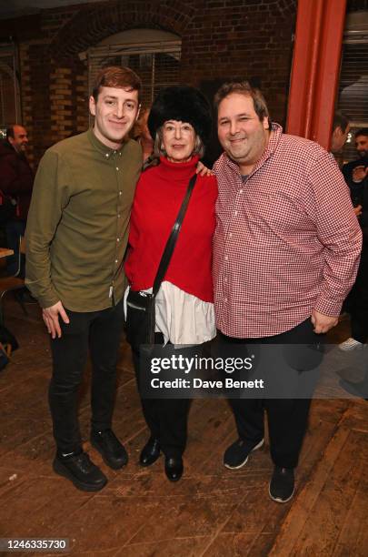 Alex Edelman, Dame Maureen Lipman and David Babani attend the press night performance of "Alex Edelman: Just For Us" at The Menier Chocolate Factory...