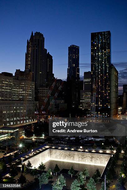 The World Trade Center North Tower memorial pool is seen at Ground Zero on the morning of September 11, 2011 in New York City. New York City and the...