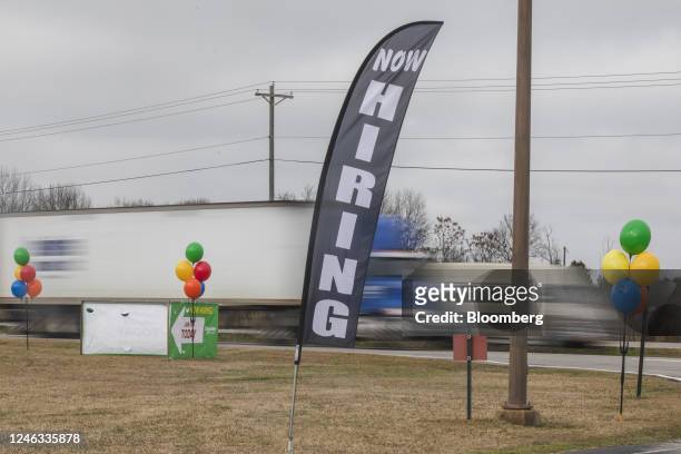 Now Hiring" sign during a job fair at a Schneider Electric manufacturing facility in Hopkins, South Carolina, US, on Wednesday, Jan. 18, 2023. The...