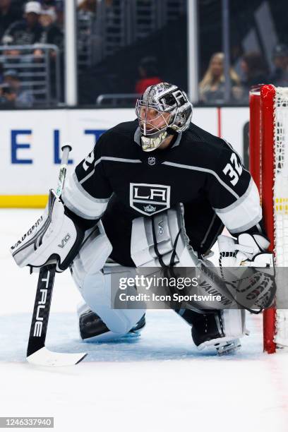 Los Angeles Kings goaltender Jonathan Quick in net during the NHL hockey game between the New Jersey Devils and the Los Angeles Kings on January 14,...