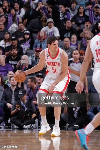 Boban Marjanovic of the Houston Rockets posts up during the game against the Sacramento Kings on January 13, 2023 at Golden 1 Center in Sacramento,...