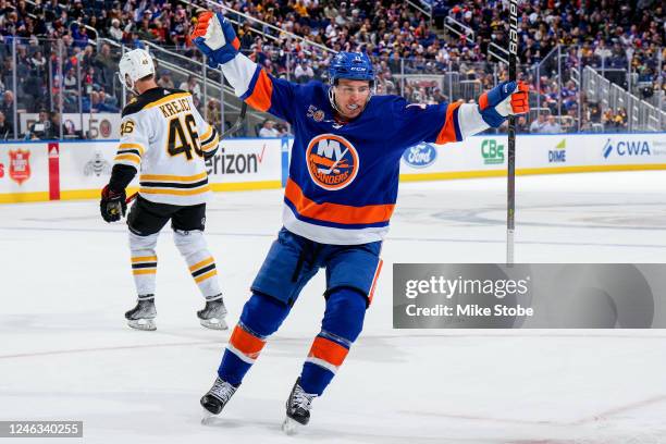 Zach Parise of the New York Islanders celebrates after scoring a goal against the Boston Bruins during the first period at UBS Arena on January 18,...