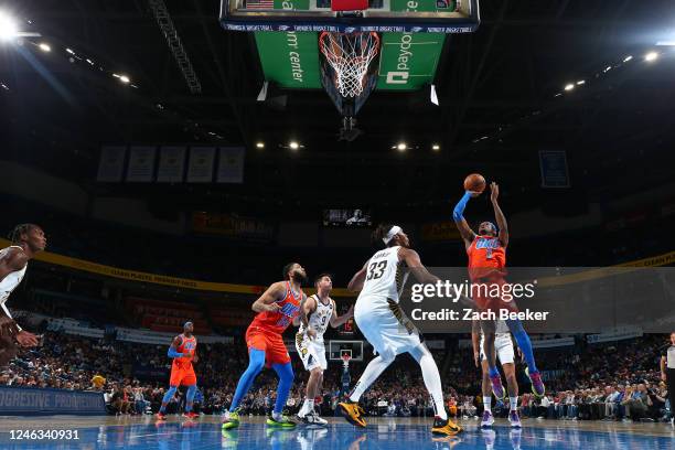 Shai Gilgeous-Alexander of the Oklahoma City Thunder shoots the ball during the game against the Indiana Pacers on January 18, 2023 at Paycom Arena...