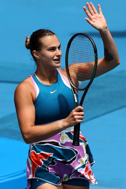 Belarus' Aryna Sabalenka celebrates victory against Shelby Rogers of the US after their women's singles match on day four of the Australian Open...