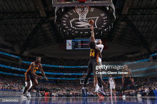 JaVale McGee of the Dallas Mavericks shoots the ball during the game against the Atlanta Hawks on January 18, 2023 at the American Airlines Center in...