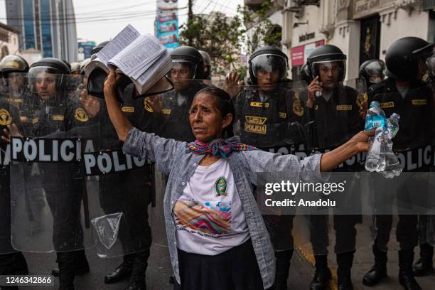 People protest against the government of Peruvian President Dina Boluarte in Lima, Peru on January 18, 2023. Protesters demanded general elections,...