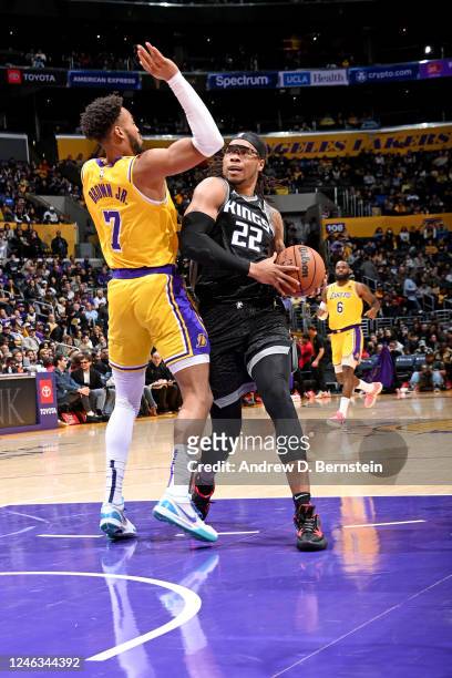 Richaun Holmes of the Sacramento Kings drives to the basket against the Los Angeles Lakers on January 18, 2023 at Crypto.Com Arena in Los Angeles,...