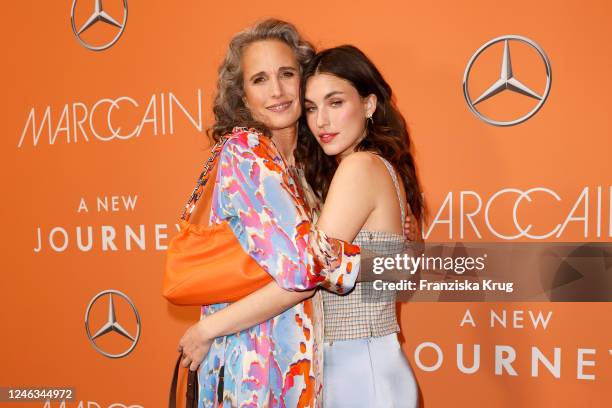 Andie MacDowell and daughter Rainey Qualley attend the Marc Cain Fashion Show Fall/Winter 2023 at Tempelhof Airport on January 18, 2023 in Berlin,...