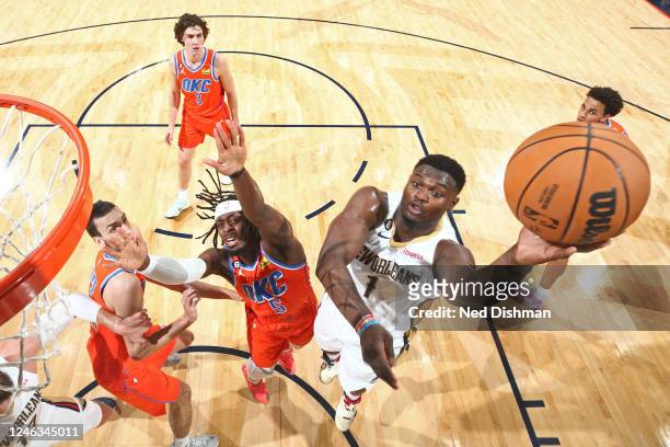 Zion Williamson of the New Orleans Pelicans drives to the basket during the game against the Oklahoma City Thunder on November 28, 2022 at the...