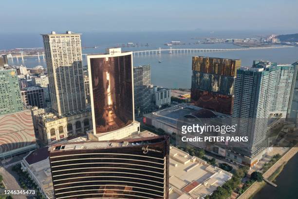 This photo taken on January 18, 2023 shows an aerial view of the Wynn Casino complex in the southern Chinese enclave of Macau.