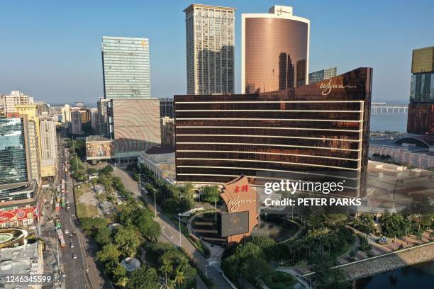 This photo taken on January 18, 2023 shows an aerial view of the Wynn Casino complex in the southern Chinese enclave of Macau.