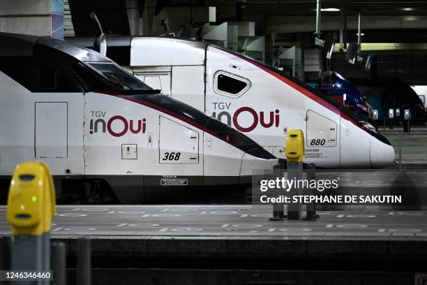 This photograph taken on January 19, 2023 shows high speed TGV trains 'InOui' at a standstill on platforms at the Montparnasse station in Paris. -...