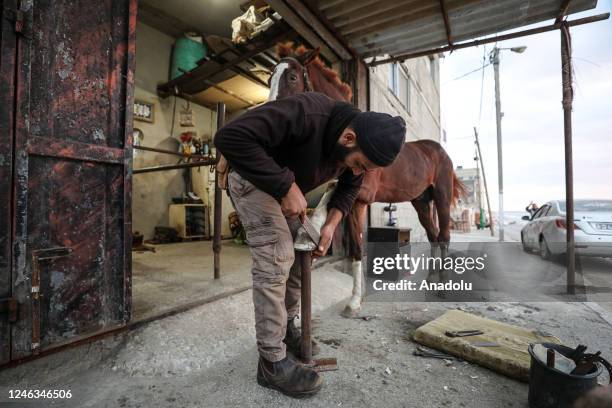 Palestinian Mohammad Abid work as a blacksmith for 33 years at Al-Shati camp in Gaza City, Gaza on January 15, 2023.