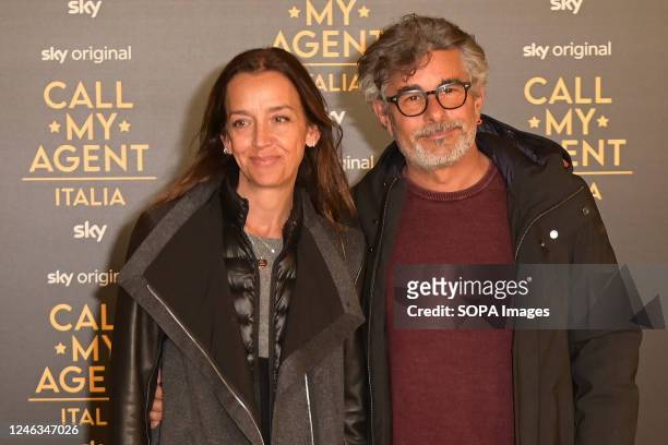 Federica Rizzo and Paolo Genovese attend at the gold carpet of the premiere of Sky series "Call my agent Italia" at The Space Moderno cinema.