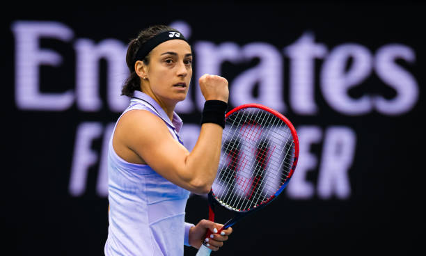 Caroline Garcia of France in action against Leylah Fernandez of Canada in her second round singles match on Day 4 of the 2023 Australian Open at...