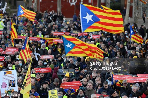 Protestors wave Catalan pro-independence "Estelada" flags during a demonstration on the sidelines of a Franco-Spanish summit in Barcelona on January...