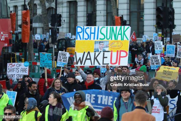 Nurses on strike march through Central London on the 18th of January 2023 in London, United Kingdom. The march was part of a 12 hour strike at the...