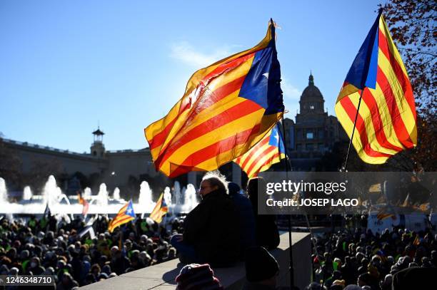 Protestors wave Catalan pro-independence "Estelada" flags during a demonstration on the sidelines of a Franco-Spanish summit in Barcelona on January...