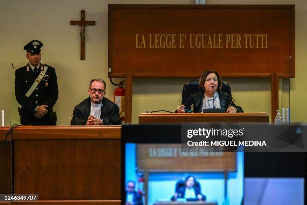 Italian judge Maria Carmela Giannazzo conducts a hearing in a special bunker court in Caltanissetta, Sicily, on January 19 where mafia boss Matteo...