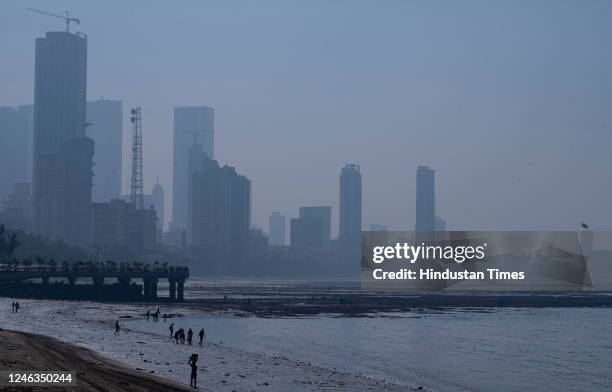 Citiscape enveloped in haze, at Dadar Chowpatty on January 17, 2023 in Mumbai, India.
