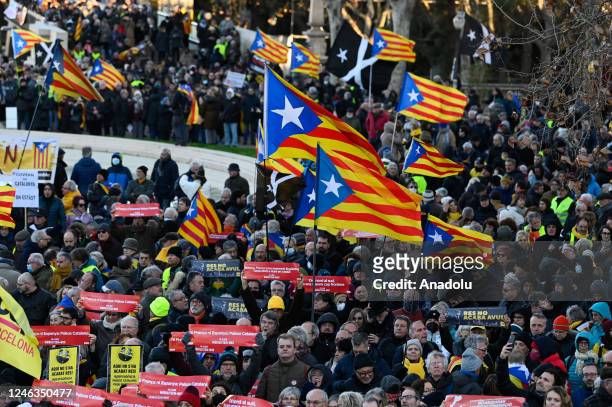 Protestors wave Catalan pro-independence "Estelada" flags during a demonstration on the sidelines of a Spanish-French summit in Barcelona on January...