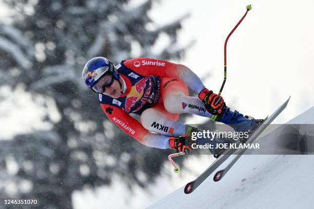 Switzerland's Marco Odermatt races during a training run of the men's downhill competition of the FIS Ski World Cup in Kitzbuehel, Austria, on...