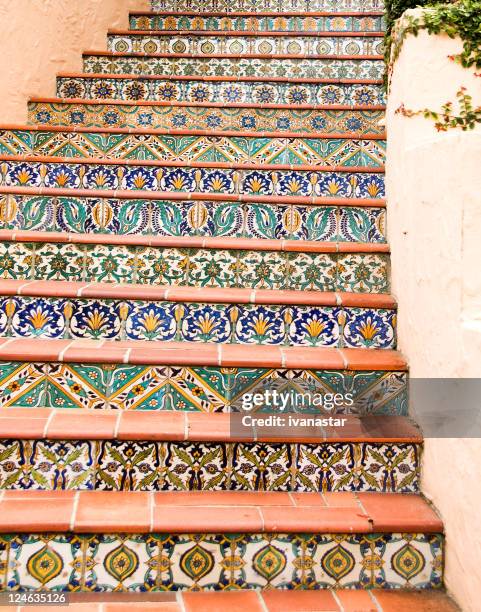 stairway with mexican, talavera tiles - santa fe new mexico stock pictures, royalty-free photos & images