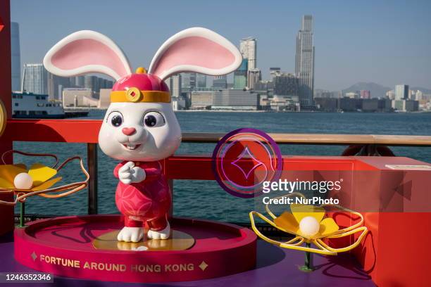 Rabbit part of the Chinese new year's decorations on January 19, 2023 in Hong Kong, China. The Chinese New Years of Lunar New Years Holiday starts...