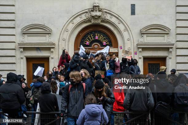 Turgot High School students block the entrance to the school within the nationwide strikes and protests against the governmentâs pension reform which...