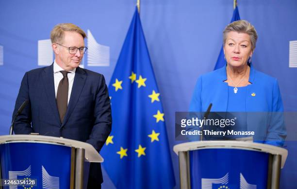Executive Director of the European Border and Coast Guard Agency Hans Leijtens and the EU Commissioner for home affairs Ylva Johansson talk to media...