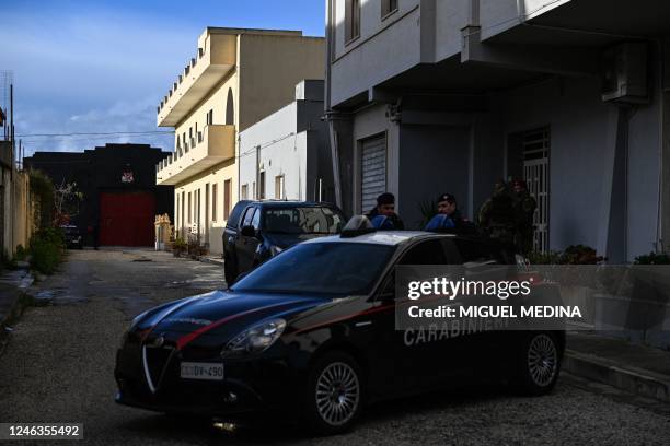Carabinieri Police officers prevent access to a house , discovered as one of the hideouts used by mafia boss Matteo Messina Denaro, on January 19,...