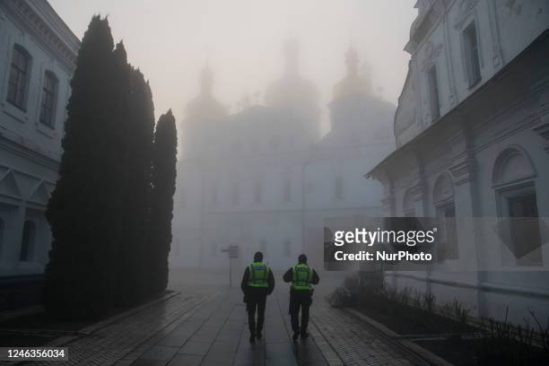 Police officers on duty near the Holy Dormition Cathedral in Pechersk Lavra in Kyiv, Ukraine January 19, 2023
